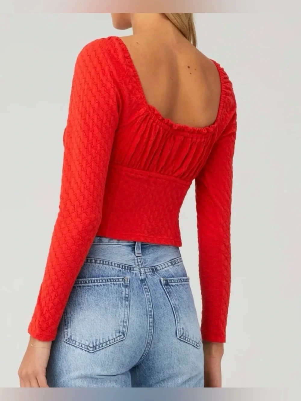 Free People Red Long-Sleeve Cropped Button Front Top - Size XS